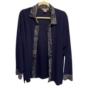 TanJay XL Navy Open Cardigan Jacket‎ Paisley Trim Lightweight Layer